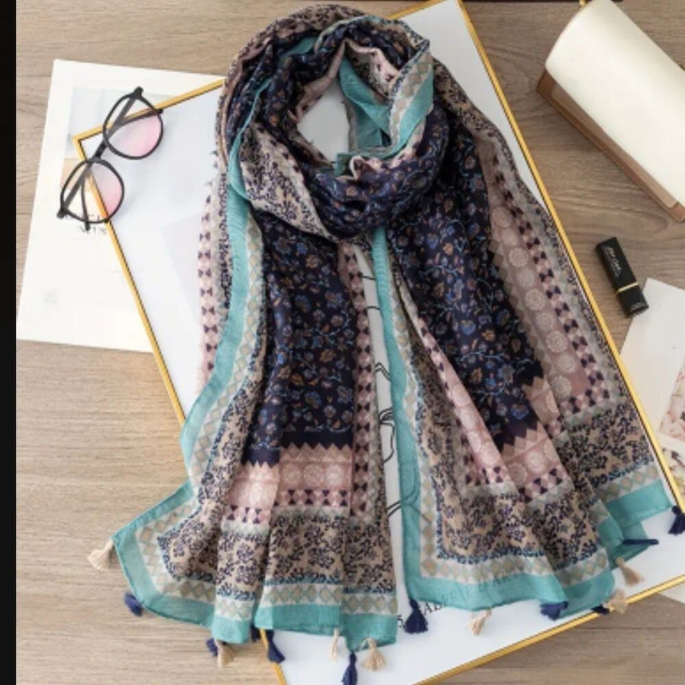 Blue tribal scarf large shawl tassel Aztec multicolor cover